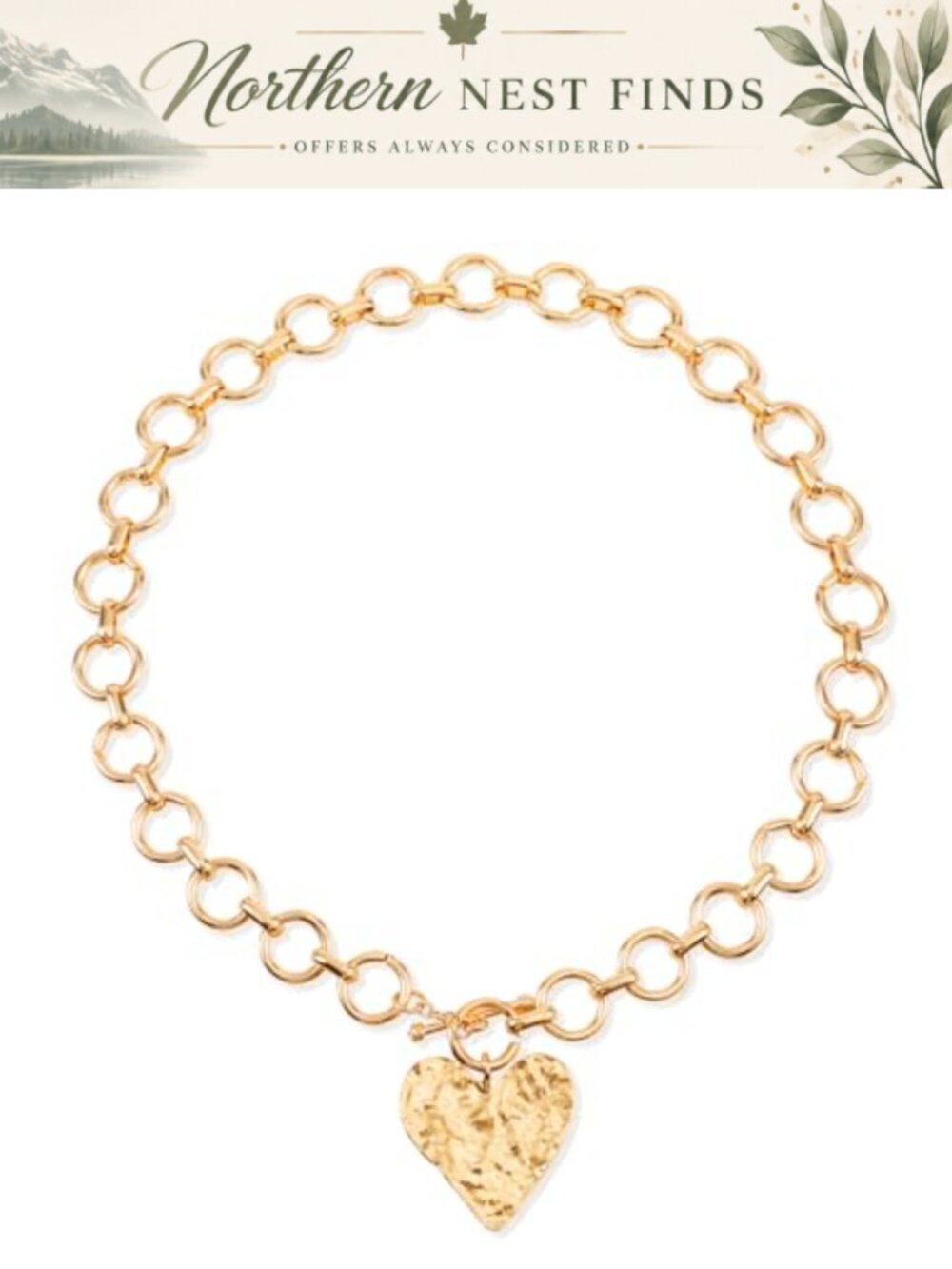 Hammered Heart Pendant Necklace Gold Plated Chunky Chain Women Jewelry